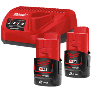 M12 NRG-202 12 V. BATTERISETT 2 X 2,0 Ah M/LADER